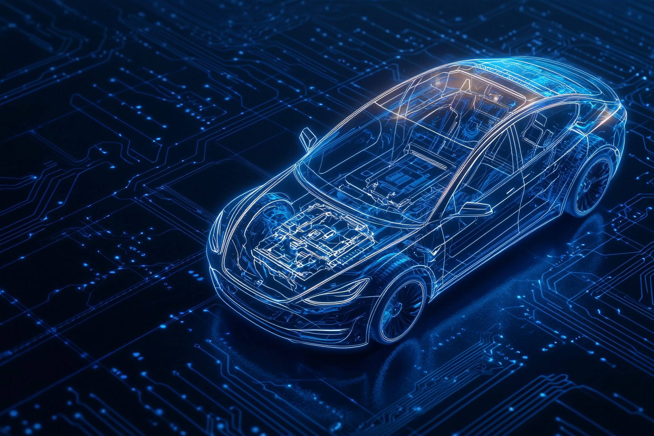 Silhouette digitale di un'auto connessa su uno sfondo di circuiti luminosi