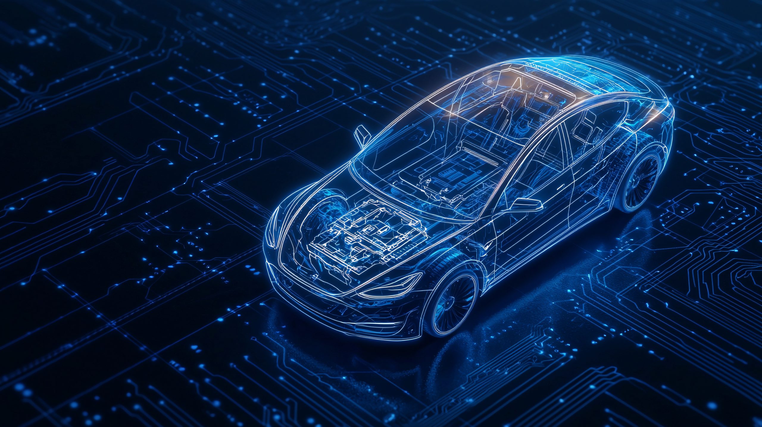 Silhouette digitale di un'auto connessa su uno sfondo di circuiti luminosi